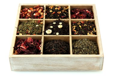 beyaz izole ahşap kutu, Kuru çay çeşitleri