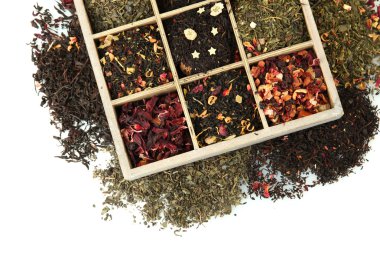 beyaz izole ahşap kutu, Kuru çay çeşitleri