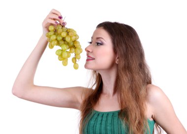güzel bir kadın üzerinde beyaz izole üzüm ile