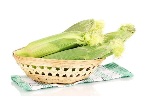 Fresh corn cobs in basket isolated on white — Stock Photo, Image