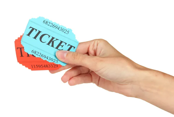 Vrouw hand met een kleurrijke tickets op witte achtergrond close-up — Stockfoto