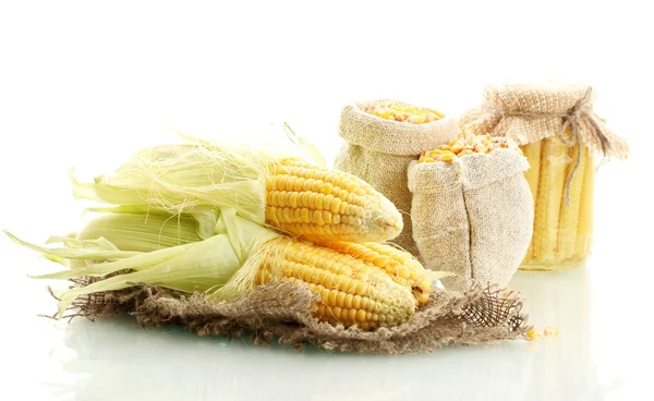 Maíz fresco y bolsas con maíz seco, aislado en blanco — Foto de Stock