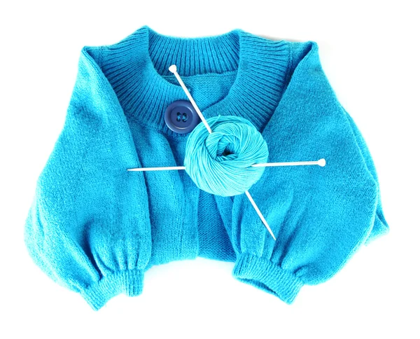 Blue sweater and a ball of wool isolated on white — Stock Photo, Image