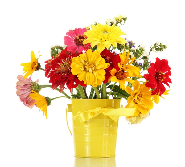 Bouquet of beautiful summer flowers in bucket, isolated on white — Stock Photo, Image