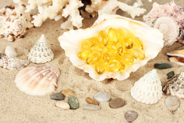 Olio di pesce nel guscio sulla sabbia. idea di regali di mare — Foto Stock