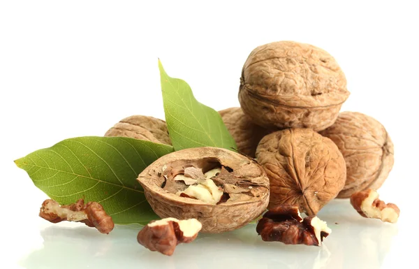 Nueces con hojas verdes, aisladas sobre blanco — Foto de Stock