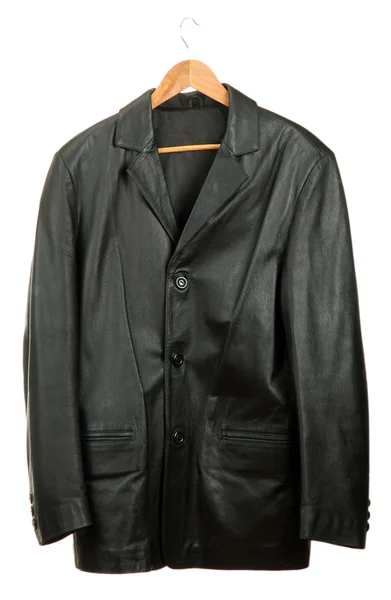 Black leather Jacket on wooden hanger, isolated on white — Stock Photo, Image