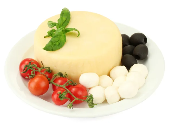 Cheese mozzarella with vegetables in the plate isolataed on white — Stock Photo, Image