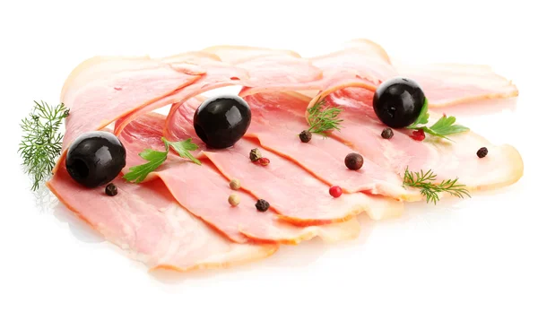 Savoureux bacon aux olives et épices, isolé sur blanc — Photo