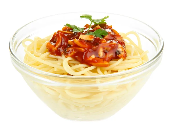 Italian spaghetti in glass bowl isolated on white — Stock Photo, Image