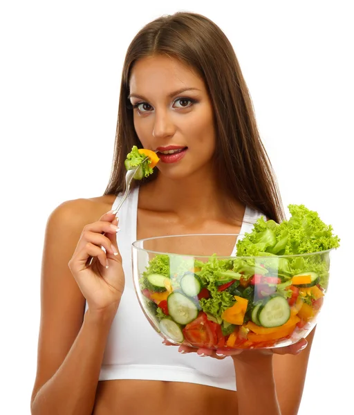 Wanita muda cantik dengan salad, terisolasi di atas putih — Stok Foto