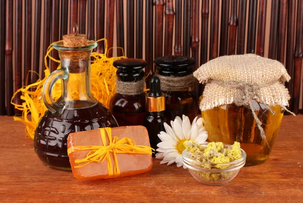 Ingredients for soap making on brown background — Stock Photo, Image