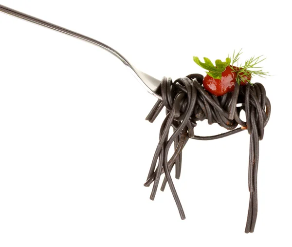 Black spaghetti on fork isolated on white — Stock Photo, Image