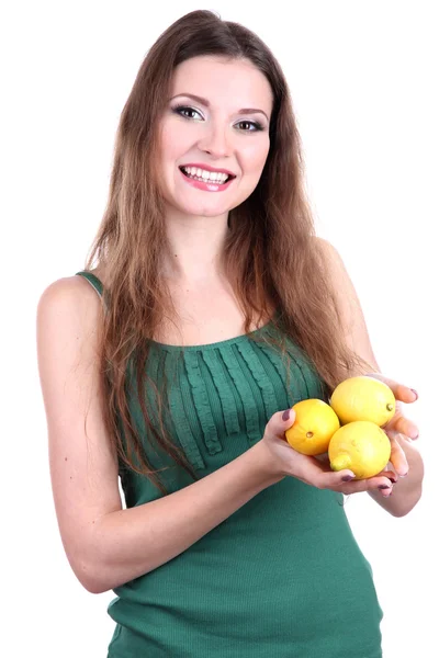 Mooie vrouw met citroen geïsoleerd op wit — Stockfoto