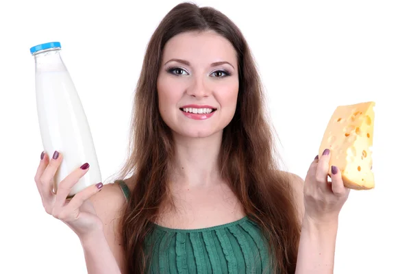 Szép nő, a tej és a sajt elszigetelt fehér — Stock Fotó