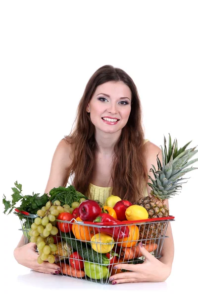 Beautiful woman with healthy food in metal basket isolated on white — Stock Photo, Image