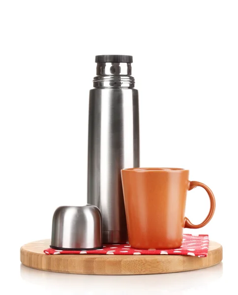 Metalen thermos met cup op houten plank geïsoleerd op wit — Stockfoto