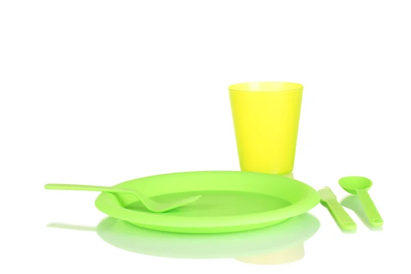 Bright plastic disposable tableware isolated on white background — Stock Photo, Image