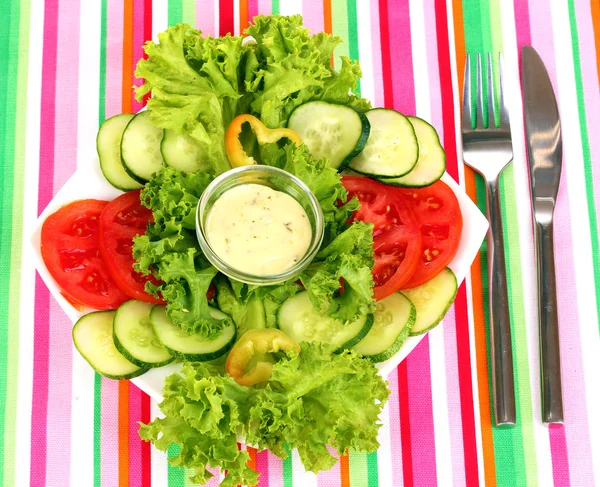 Gehacktes Gemüse und Sauce auf Teller auf gestreifter Tischdecke — Stockfoto