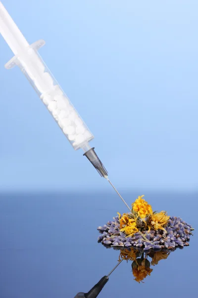 Käsite homeopatia, sinisellä taustalla lähikuva — kuvapankkivalokuva