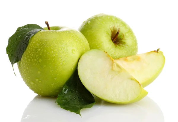 Ripe green apples with leaf and slice, isolated on white — Stock Photo, Image