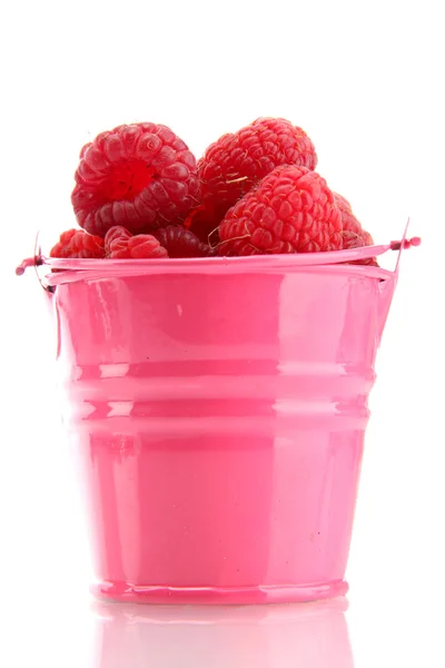 Beautiful raspberries in bucket isolated on white — Stock Photo, Image