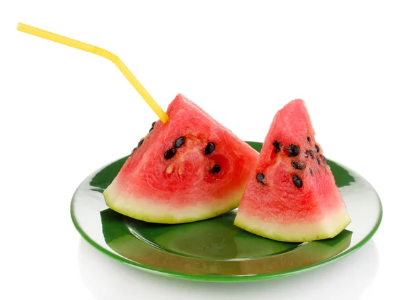 Sweet watermelon slices on green plate isolated on white — Stock Photo, Image