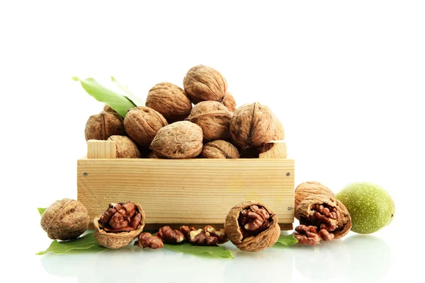 Walnuts with green leaves in woooden crate, isolated on white — Stock Photo, Image