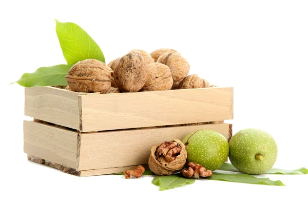 Walnuts with green leaves in woooden crate, isolated on white — Stock Photo, Image