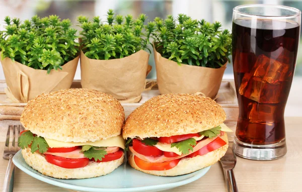 Appetizing sandwiches on color plate on wooden table on window background — Stock Photo, Image