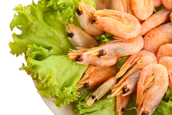 Camarones cocidos con hojas de lechuga en plato, aislados en blanco —  Fotos de Stock