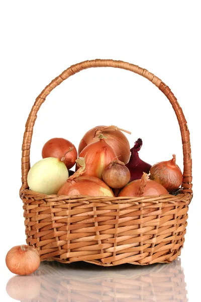 Ripe onions in basket isolated on white — Stock Photo, Image
