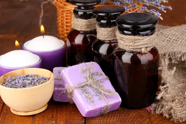 Lavender flowers and jar — Stock Photo, Image