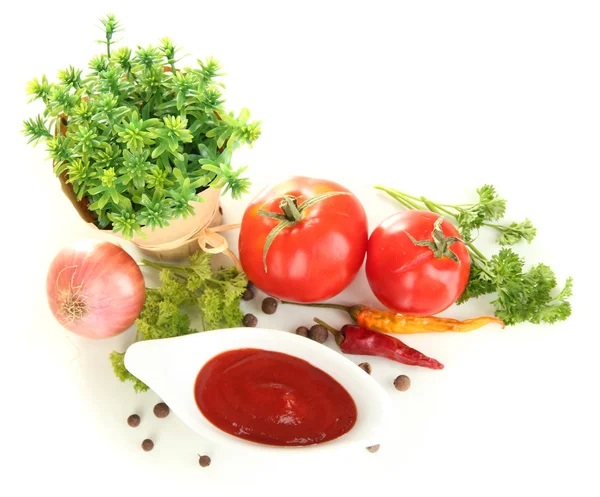 Natura morta pomodori ketchup ed erbe isolate su bianco — Foto Stock