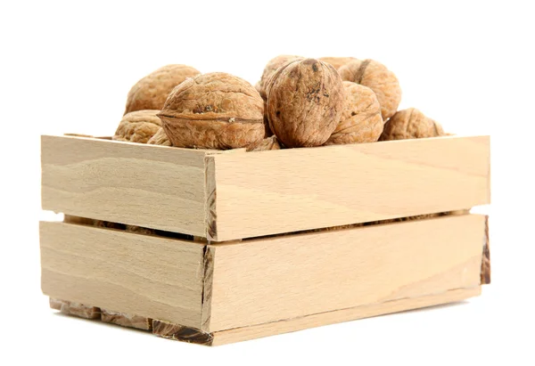 Walnuts in woooden crate, isolated on white — Stock Photo, Image