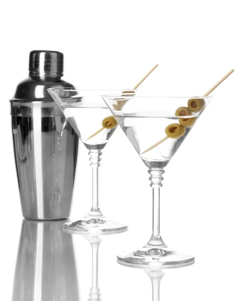 Martini glasses with olives and shaker isolated on white — Stock Photo, Image
