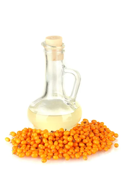 Decanter with sea buckthorn oil isolated on white — Stock Photo, Image