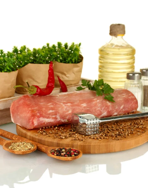 Composition of raw meat, vegetables and spices on white background close-up — Stock Photo, Image