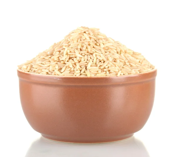 Brown rice in a brown plate , isolated on white — Stock Photo, Image