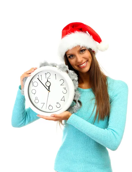 Beautiful young woman with clock, isolated on white — Stock Photo, Image