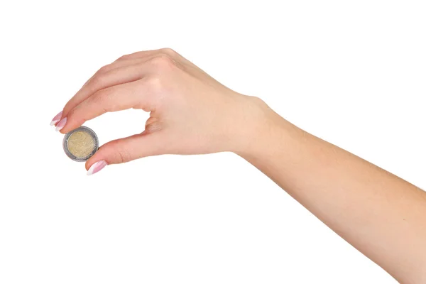 Woman hand with euro coin, isolated on white — Stock Photo, Image