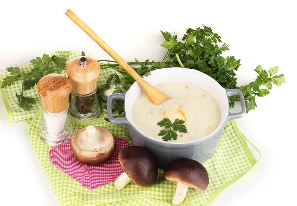 Kartoffelpüree im Topf mit Zutaten isoliert auf weiß — Stockfoto