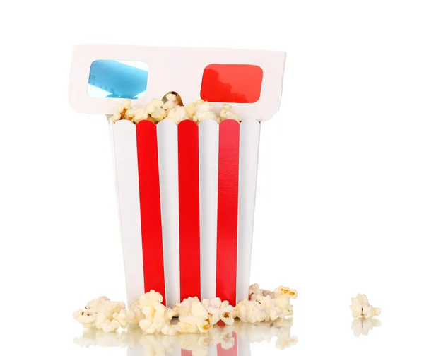 Popcorn and glasses isolated on white — Stock Photo, Image