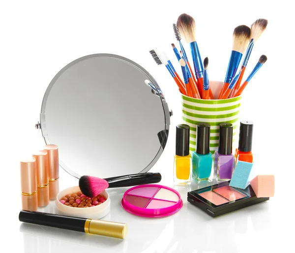 Cosmetics near mirror isolated on white — Stock Photo, Image