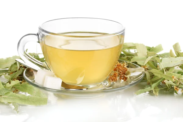 Glass cup of tea with linden isolated on white — Stock Photo, Image