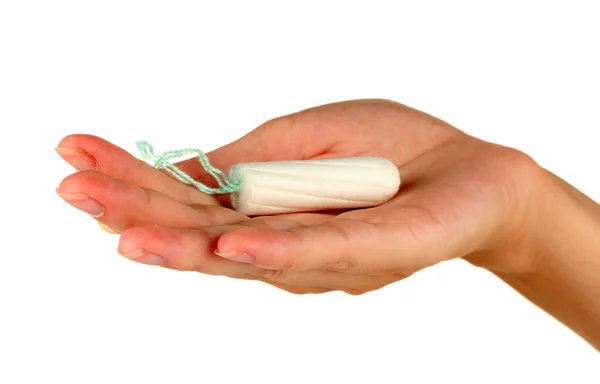 Die Hand der Frau hält einen sauberen Baumwolltampon auf weißem Hintergrund in Großaufnahme — Stockfoto