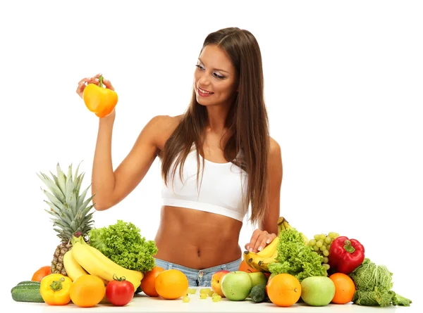 Beautiful young woman with fruits and vegetables, isolated on white — Stock Photo, Image