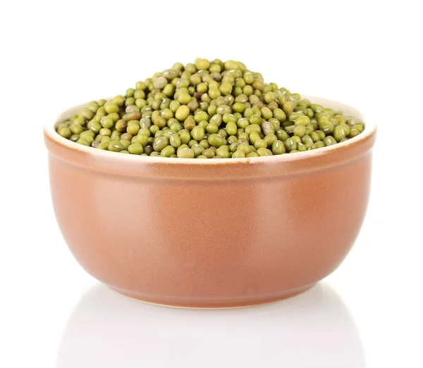 Green mung beans in bowl isolated on white — Stock Photo, Image