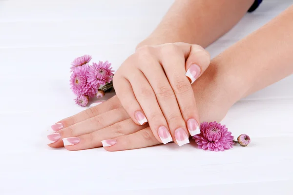 Manos de mujer con manicura francesa y flores sobre fondo de madera blanca —  Fotos de Stock