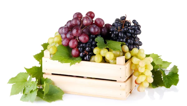 Assortment of ripe sweet grapes in wooden crate, isolated on white — Stock Photo, Image